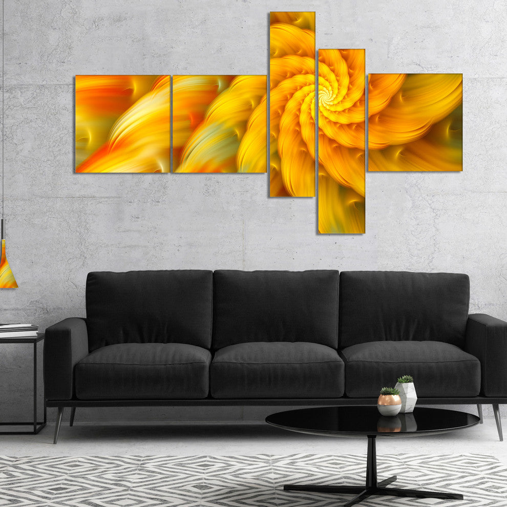 Rotating Yellow Fractal Flower, Floral Canvas Art Print, 60"x32", 5 panels