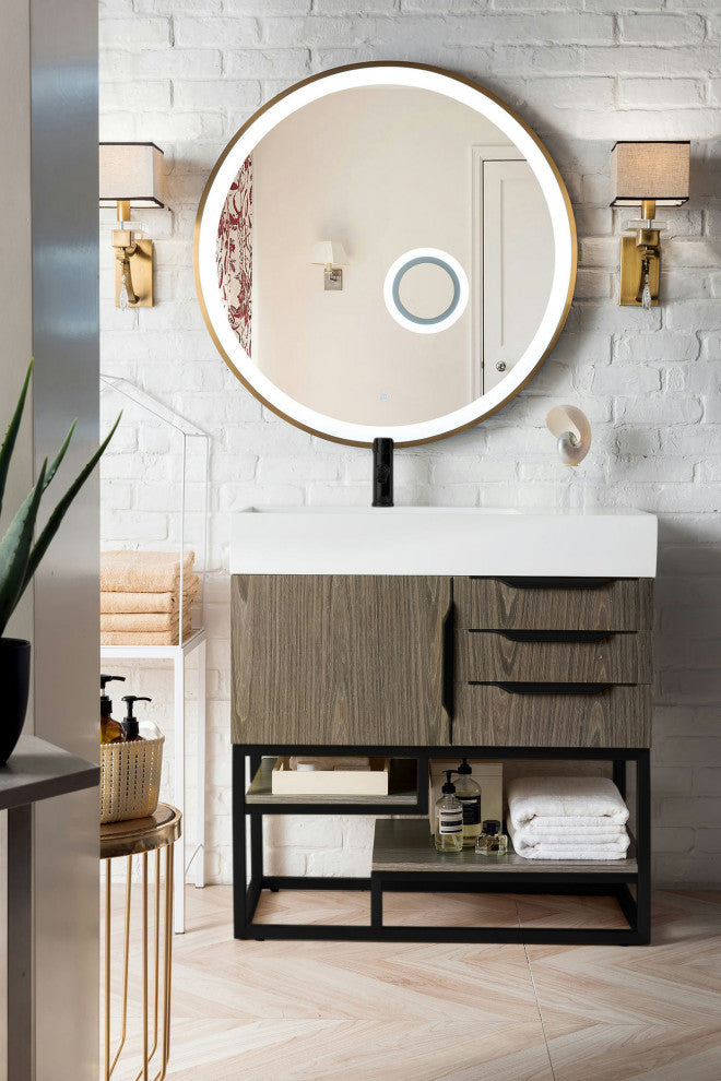 Columbia 36" Single Vanity, Ash Gray, Matte Black, Glossy White Composite Top