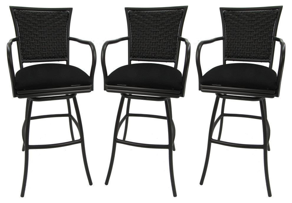 Set of 3, Outdoor/Indoor Swivel Bar Stools Erin, Black on Black, 30"
