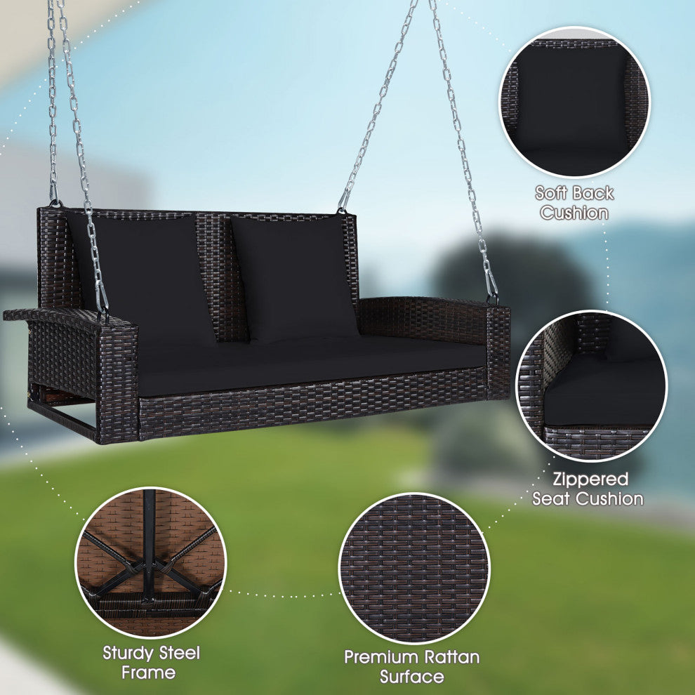 Costway 2-Person Patio Rattan Hanging Porch Swing Bench Chair Cushion Black