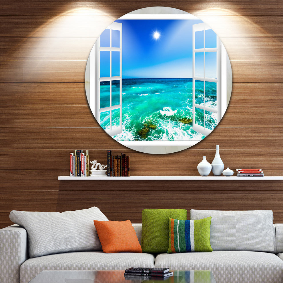 Open Window To Wavy Ocean, Seashore Disc Metal Wall Art, 23"