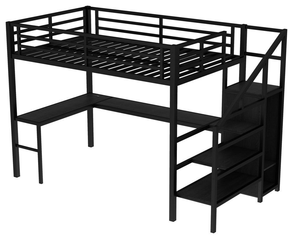 Gewnee Full Size Loft Bed with L-shaped Desk and USB