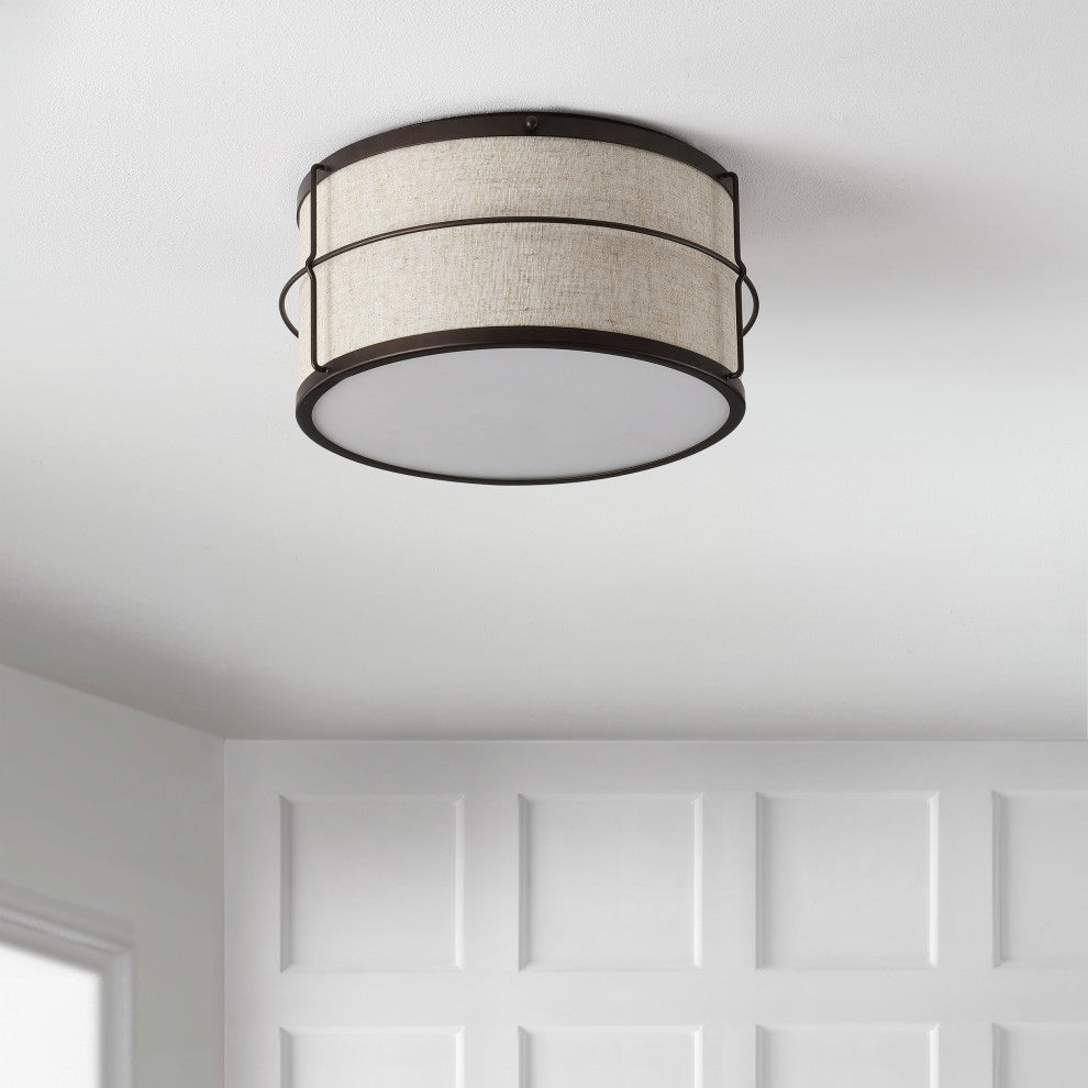 Evan 14" 2-Light Rustic Farmhouse Iron LED Flush Mount, Oil Rubbed Bronze