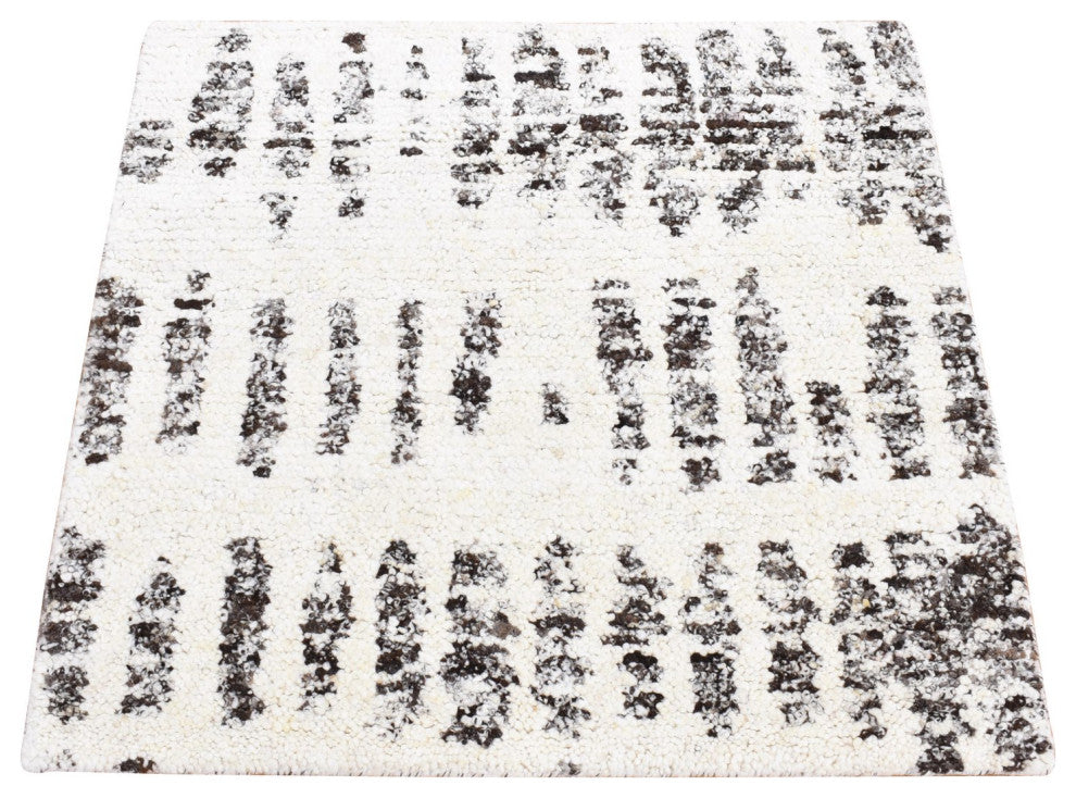 Black Modern Erased Column Design Pure Wool Hand Knotted Oriental Rug 3'x3'