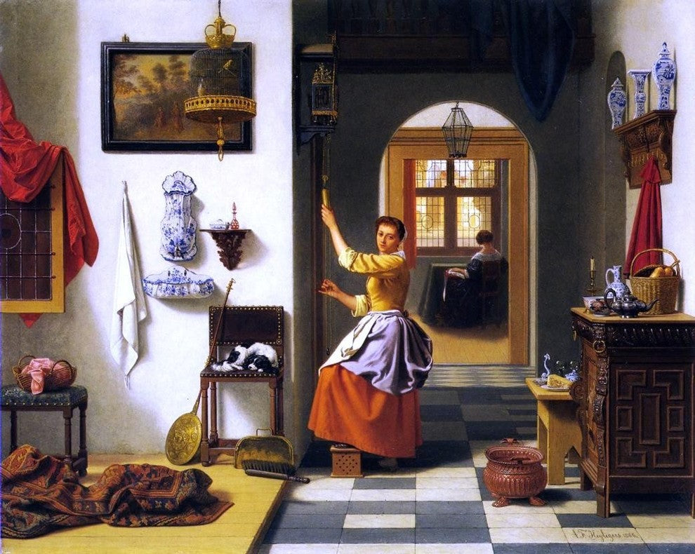 Antoon Francois Heyligers Winding the Clock, 20"x25" Gallery Wrapped Canvas