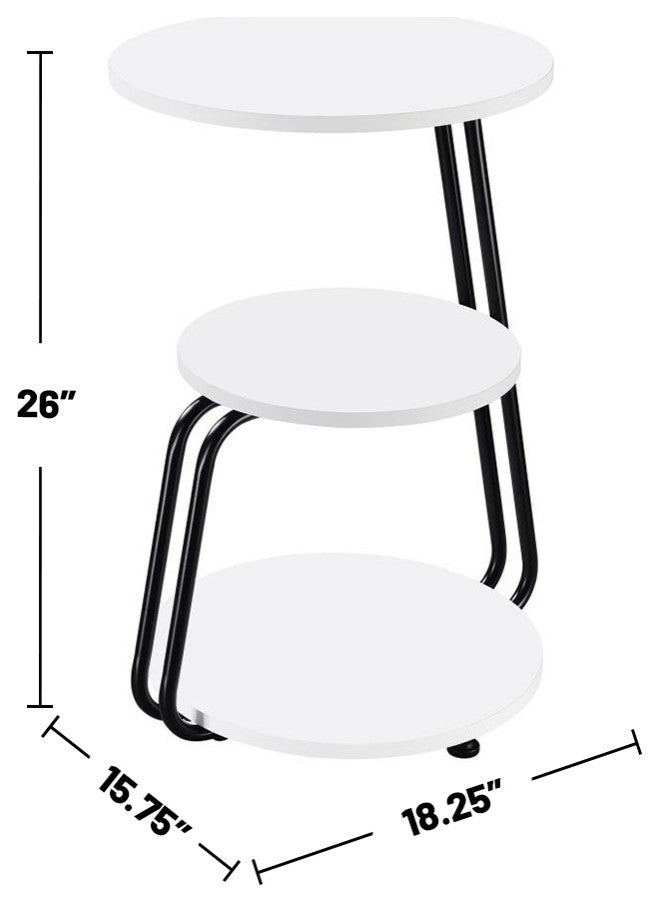3 Tier Round Side Table With Metal Frame, White and Black
