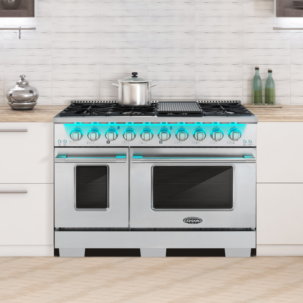 Cosmo 48 in. 5.5 cu. ft. Double Oven Gas Range with 8 Burners in Stainless Steel