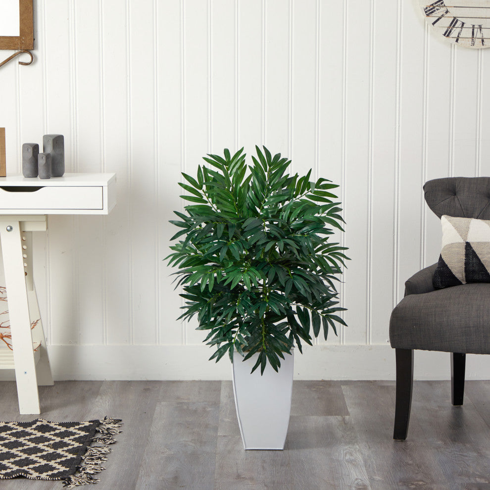3' Bamboo Palm Artificial Plant, White Metal Planter