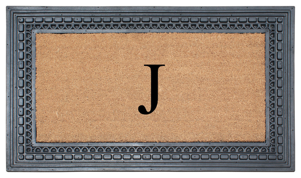 Rubber And Coir, Black/Beige  24"x39" Heavy Duty Outdoor Monogrammed Doormat, J