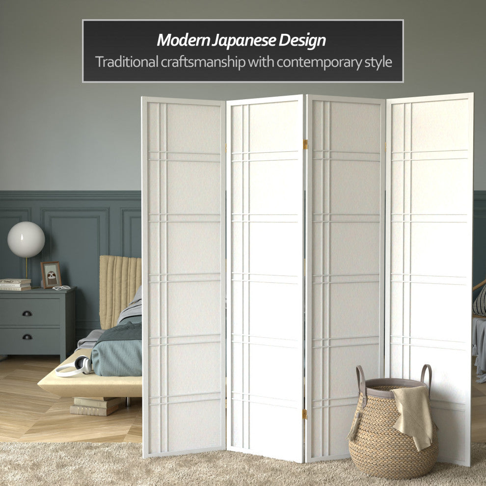 6' Tall Double Cross Shoji Screen, White, 4 Panels