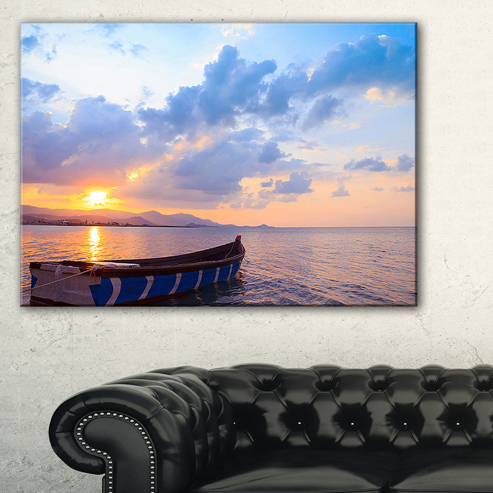 "Small Fishermen Boat At Sunset" Modern Seashore Canvas Art, 32"x16"