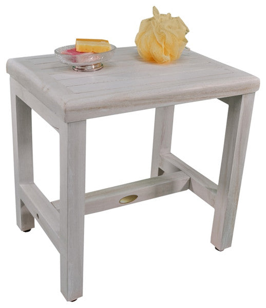 Compact Rectangular Teak Shower Or Outdoor Bench In Driftwood Finish