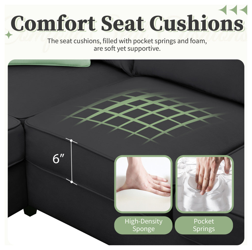 7-Seat Fabric Modular Sectional Sofa Couch Set with Ottoman and Pillows, Black