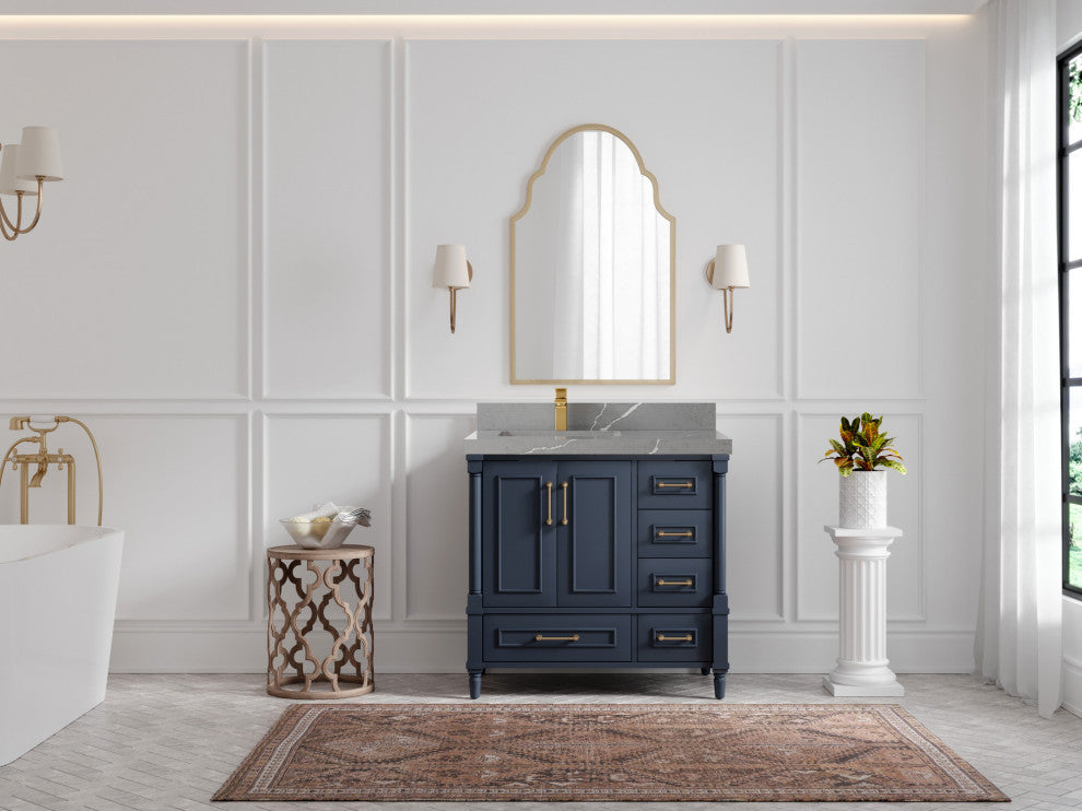 Aberdeen 36 Left Offset Bath Vanity in Hale Navy Blue  2" Piatra Gray