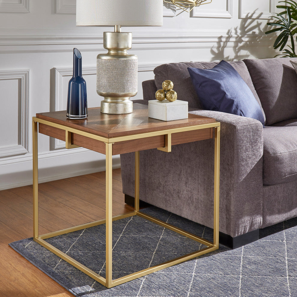 Raleigh Square End Table with Metal Base - Natural Finish, Gold Base