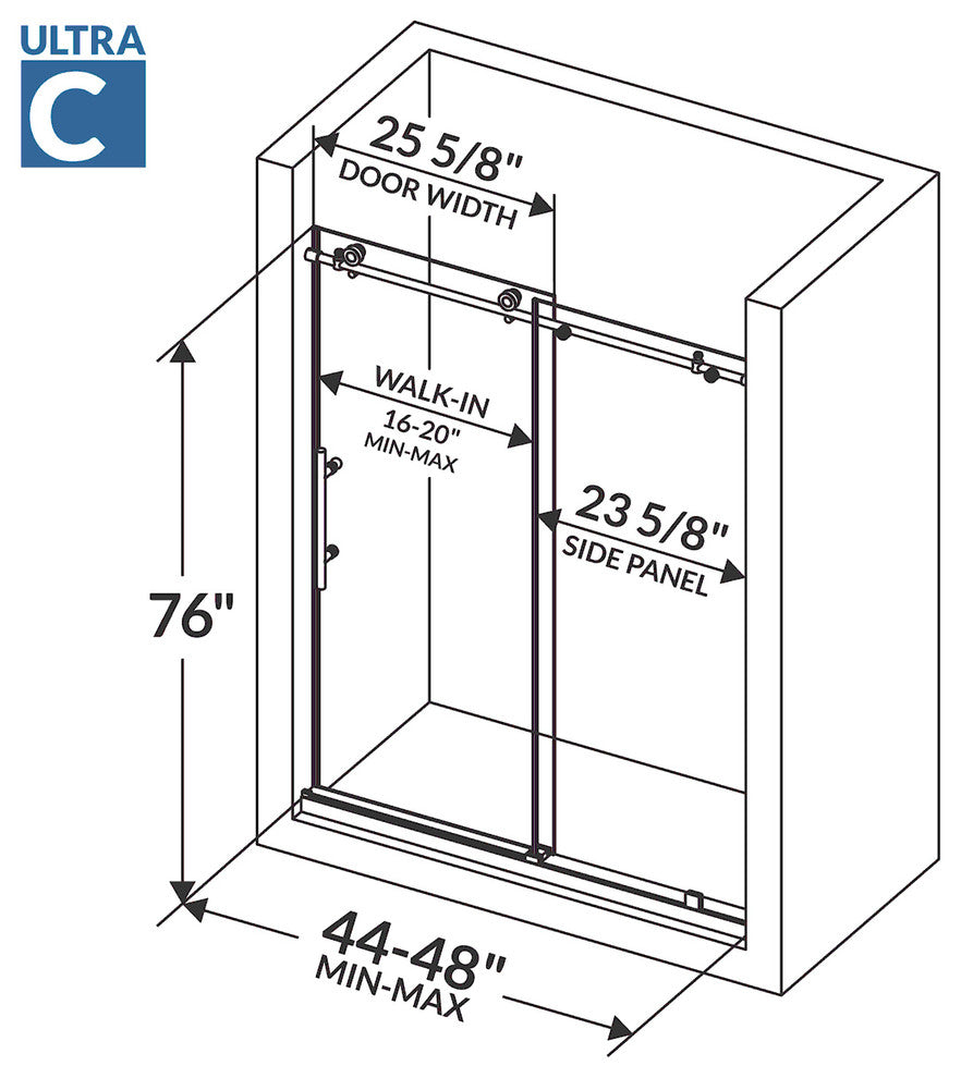 ULTRA-C Collection Frameless 10mm Clear Tempered Glass Shower Doors, Chrome, 44-48"x76"