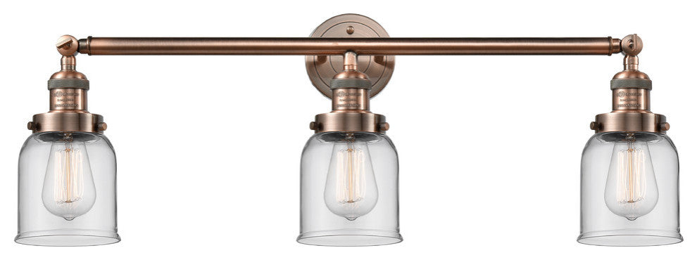 Small Bell 3-Light Bath Fixture, Clear Glass, Antique Copper