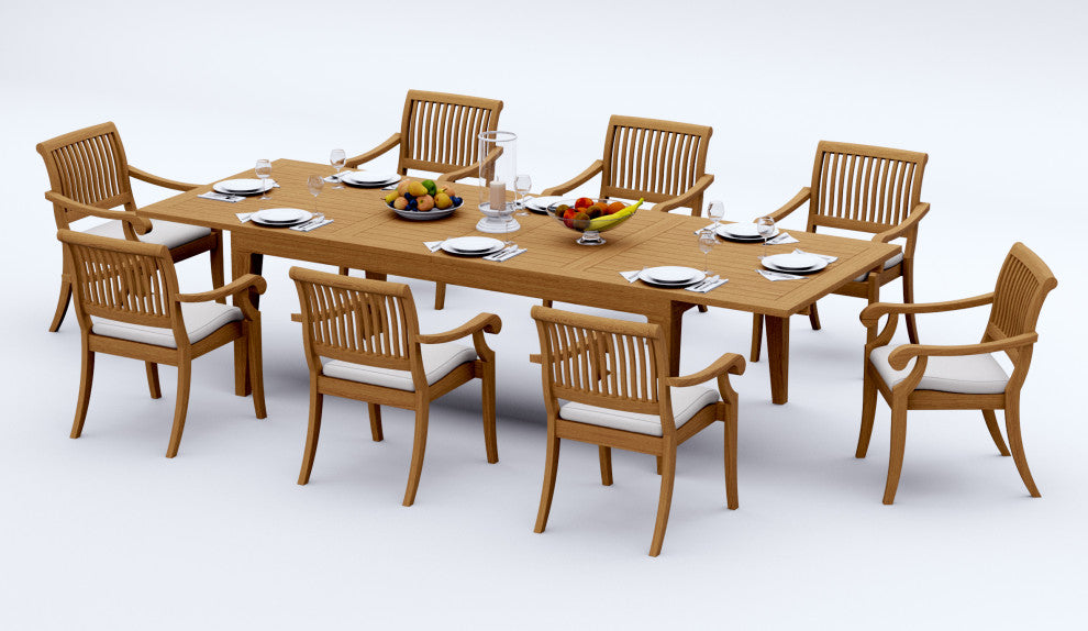 9-Piece Teak Dining Set: 122" Rectangle Extn Table, 8 Arbor Stacking Arm Chairs