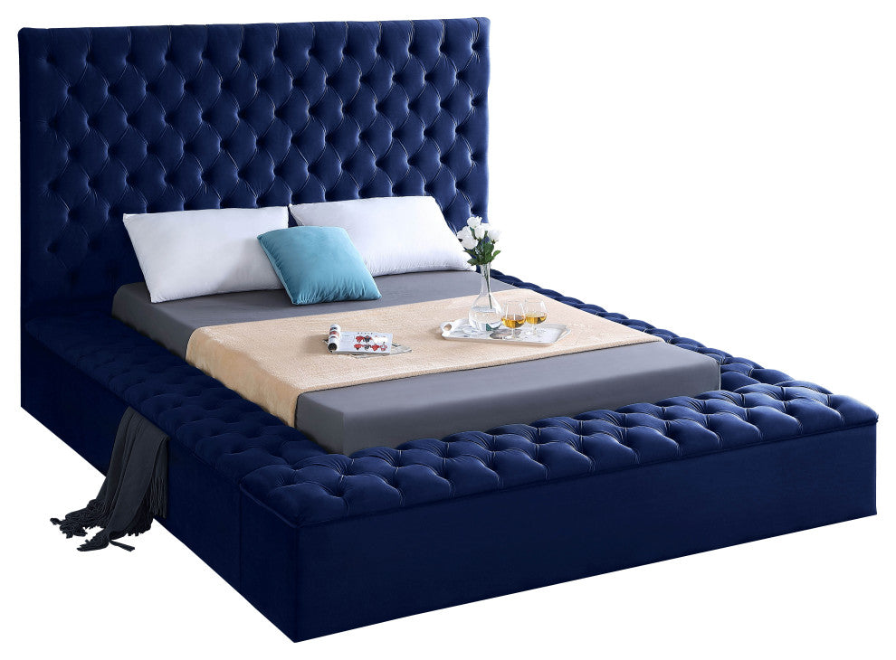 Bliss Velvet Upholstered  Bed, Navy, Full