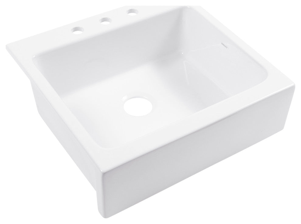 Parker White Fireclay 26" Single Bowl Quick-Fit Drop-In Kitchen Sink, 3 Holes