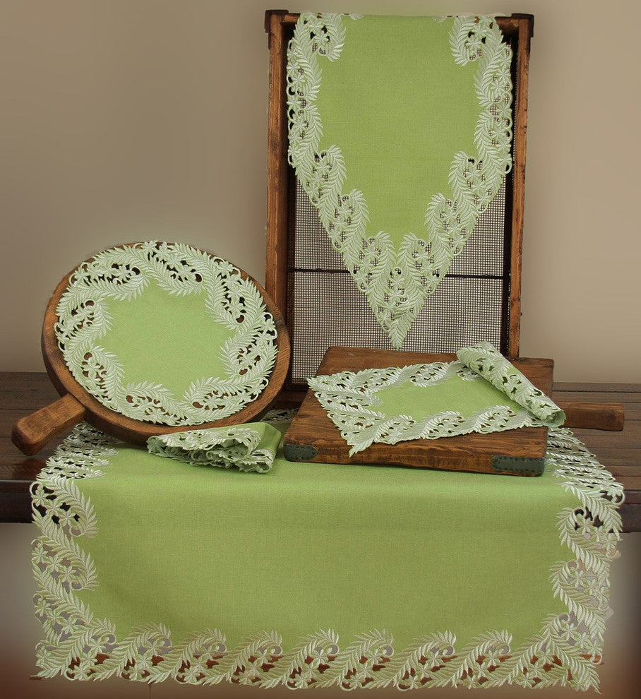 Laurel Embroidered Cutwork Spring Table Runner, 15"x54", Green