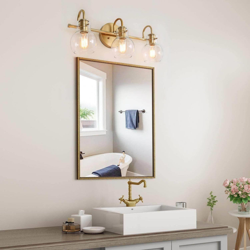 LNC 3-Light Matte Gold and Clear Glass Shade LED Modern Bathroom Vanity Light