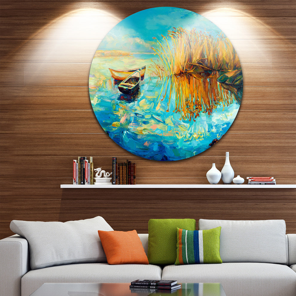 Colorful Lake With Boats, Seascape Painting Disc Metal Wall Art, 23"