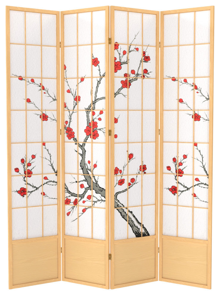 7' Tall Cherry Blossom Shoji Screen, Natural, 4 Panels