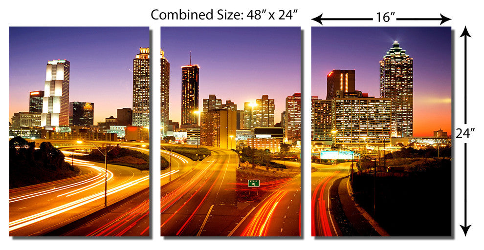 Atlanta, Georgia Skyline Metal Print Wall Art, 3 Panel Split, Triptych, 48x24