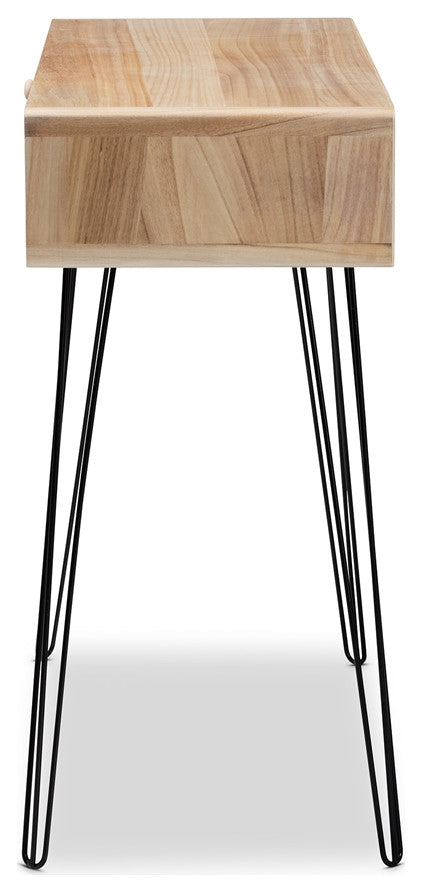 Mid-Century Modern Oak Brown Finished Wood Black Metal 1-Drwaer Console Table