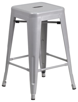 24" High Backless Silver Metal Indoor-Outdoor Counter Height Stool,Square Seat