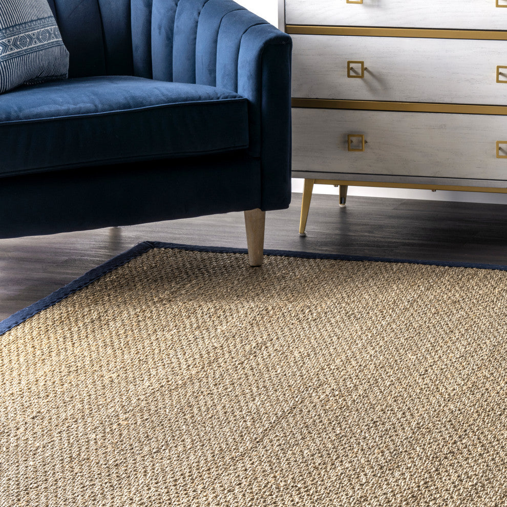 Nuloom Jute and Sisal Elijah Seagrass With Border Area Rug, Navy 6'x9'