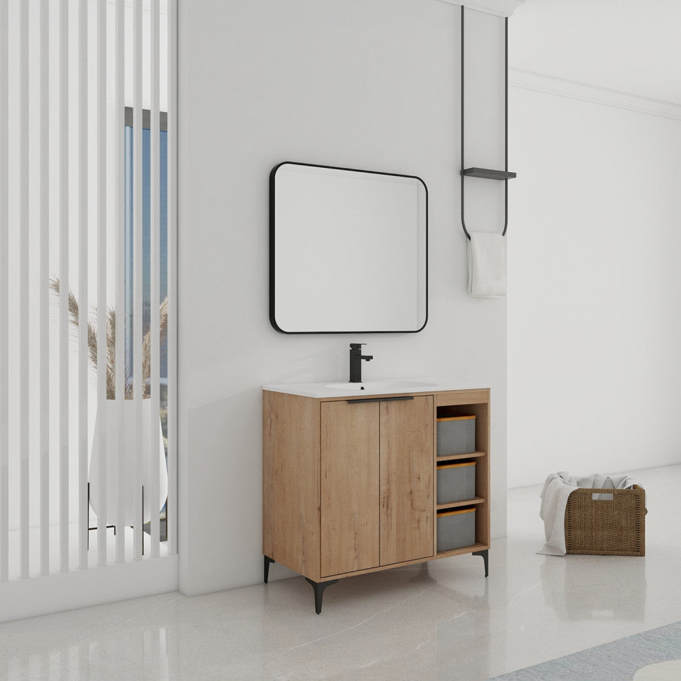 Single Vanity, Neutral Finish With Solid Surface Resin White Sink, 36"