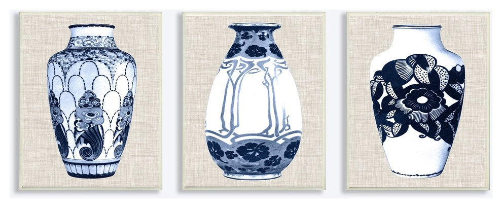 Blue & White Vase Series on Linen 3-Piece Wall Plaque Art Set, 10"x15"