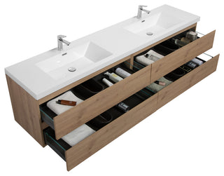 Aurora Wall Mount Vanity, White Acrylic Top, Sonoma Oak, 84"