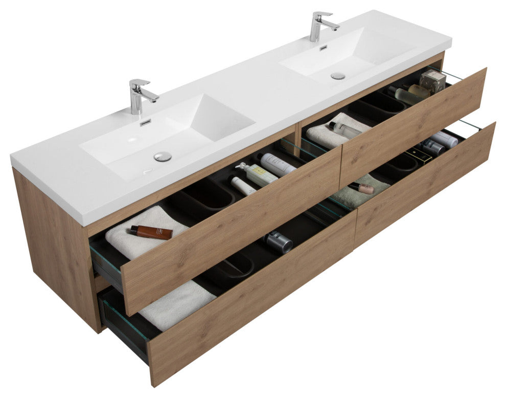 Aurora Wall Mount Vanity, White Acrylic Top, Sonoma Oak, 84"