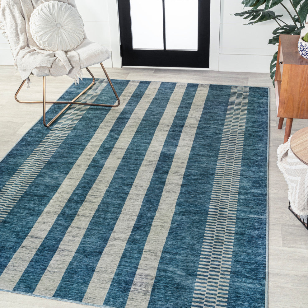 Vichy Geometric Striped Machine-Washable Blue/Cream 8 ft. x 10 ft. Area Rug