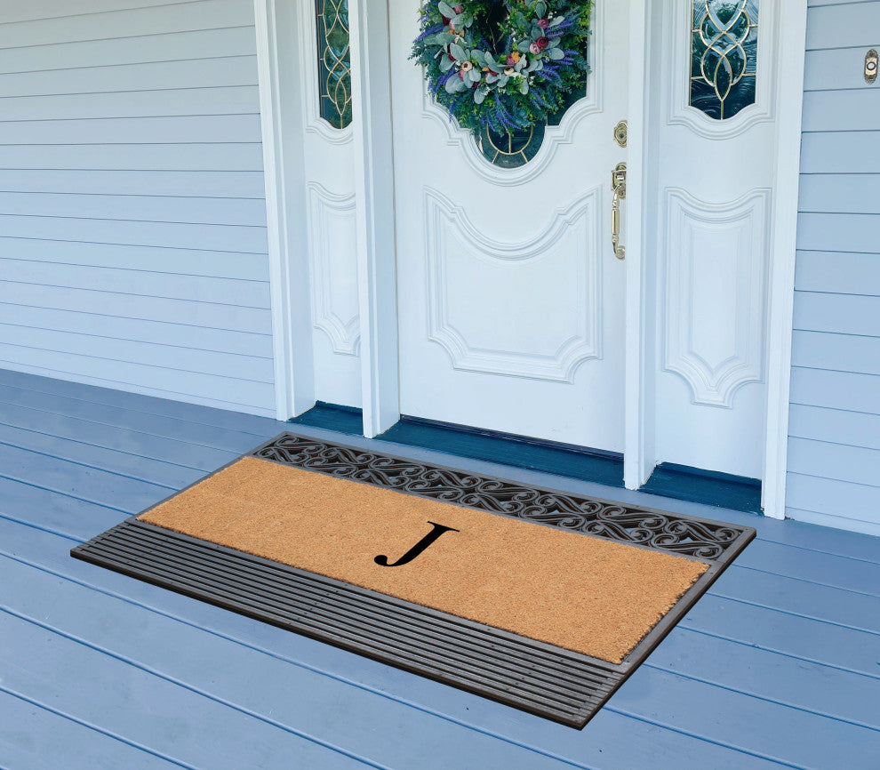 Rosewood Black/Beige 24"x36" Rubber And Coir Monogrammed Doormat, J