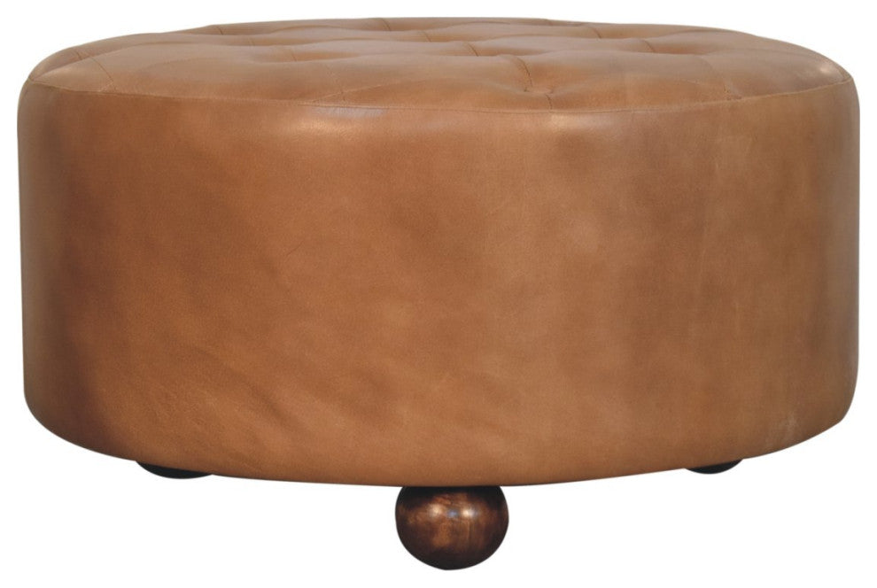 Ottoman upholstered Buffalo Brown hide leather Round Artisan Furniture
