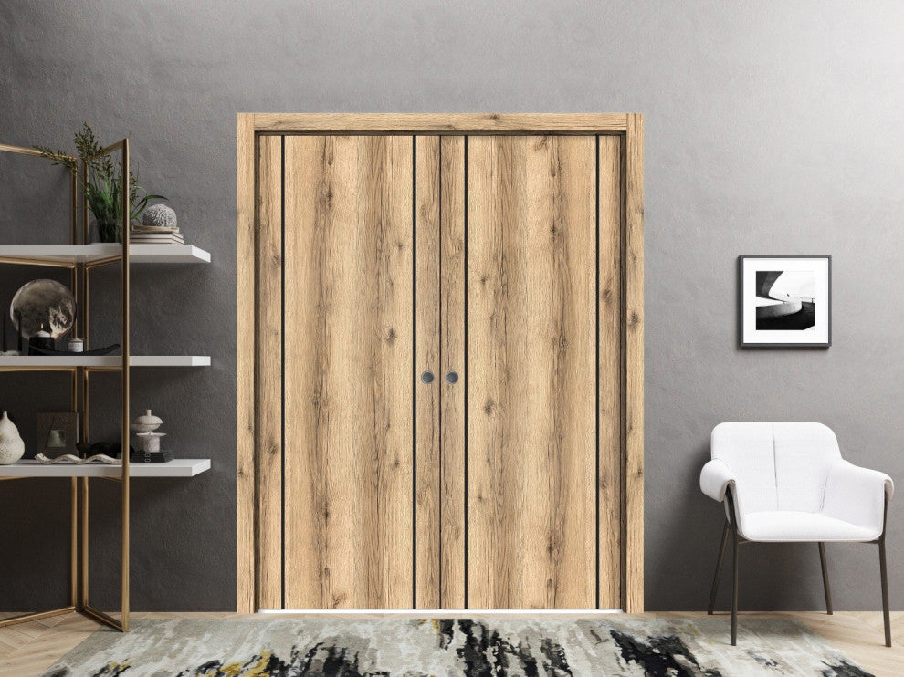 French Double Pocket Doors 36 x 84 | Planum 0017 Oak with  | Kit Trims Rail