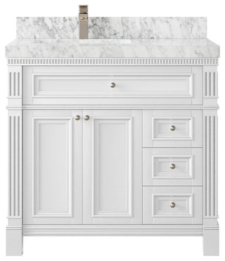 Paris 36" Left Offset Bathroom Vanity, White 2" Carrara Marble