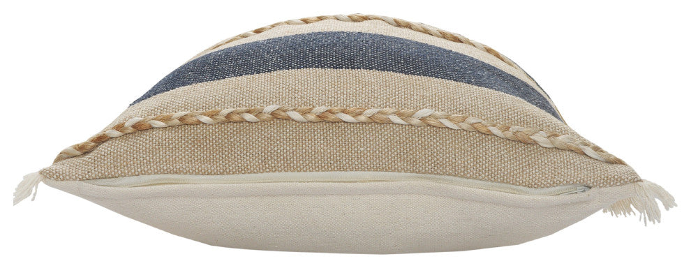 Atlantis Coastal Striped Throw Pillow with Jute Braiding and Fringe, 20" X 20"