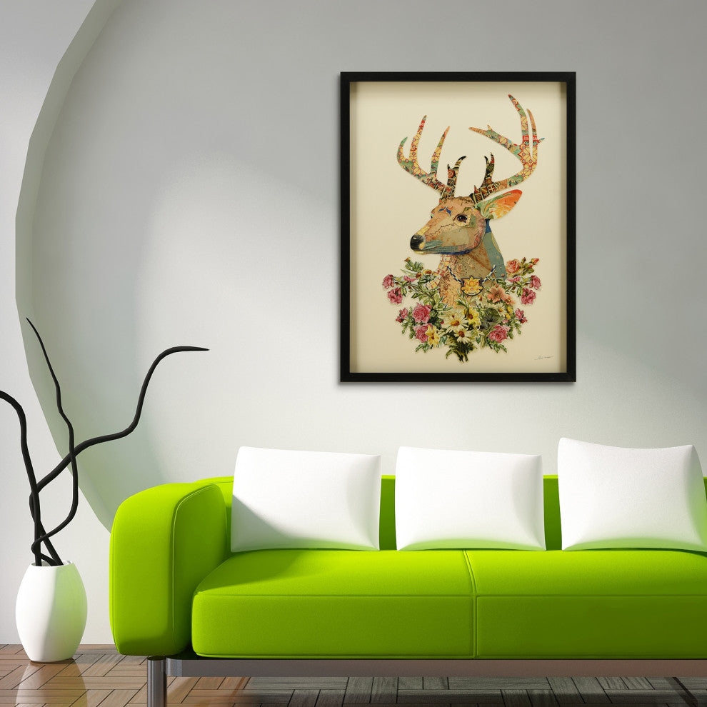 Mrs. Deer Dimensional Handmade Collage Wall Art Framed Under Glass