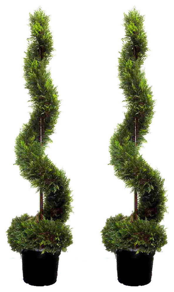 5 Feet Artificial Cypress Leave Spiral Topiary  Plant In Plastic Pot, Green, Set