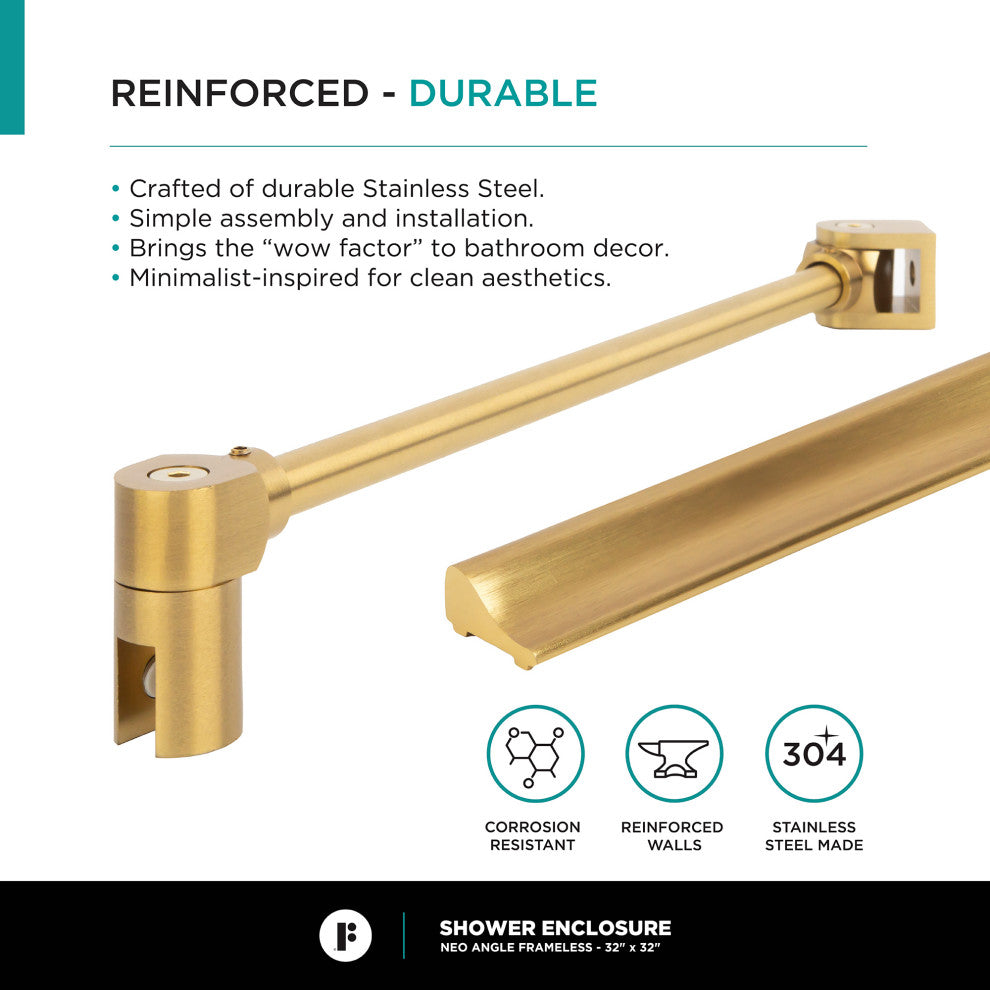Shower Enclosure Neo Angle Frameless Tempered Glass, Satin Brass, 30" X 30"