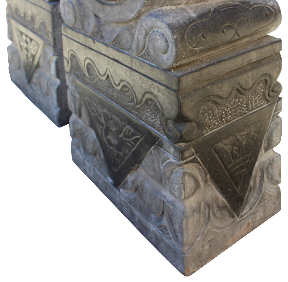 Chinese Pair Gray Black Stone Fengshui Foo Dogs Door Block Drum Statue Hcs4769