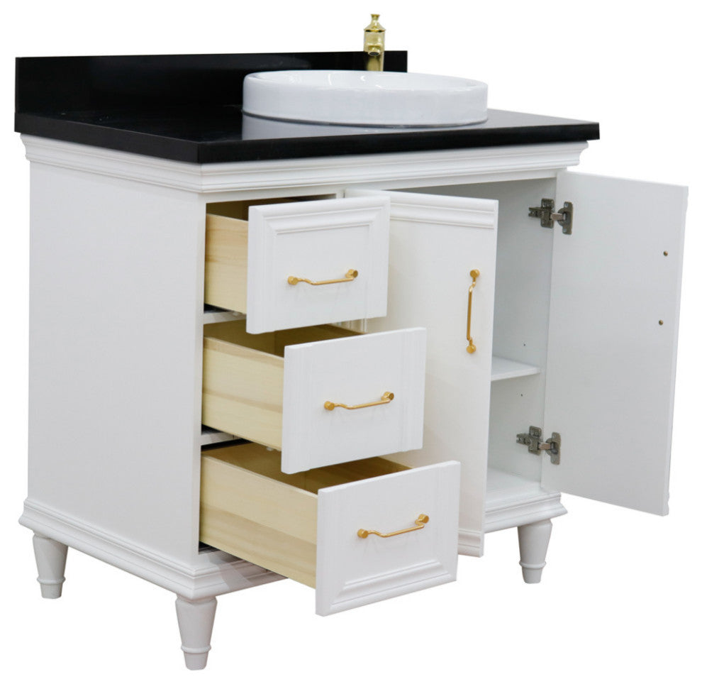 37" Single Vanity, White Finish With Black Galaxy