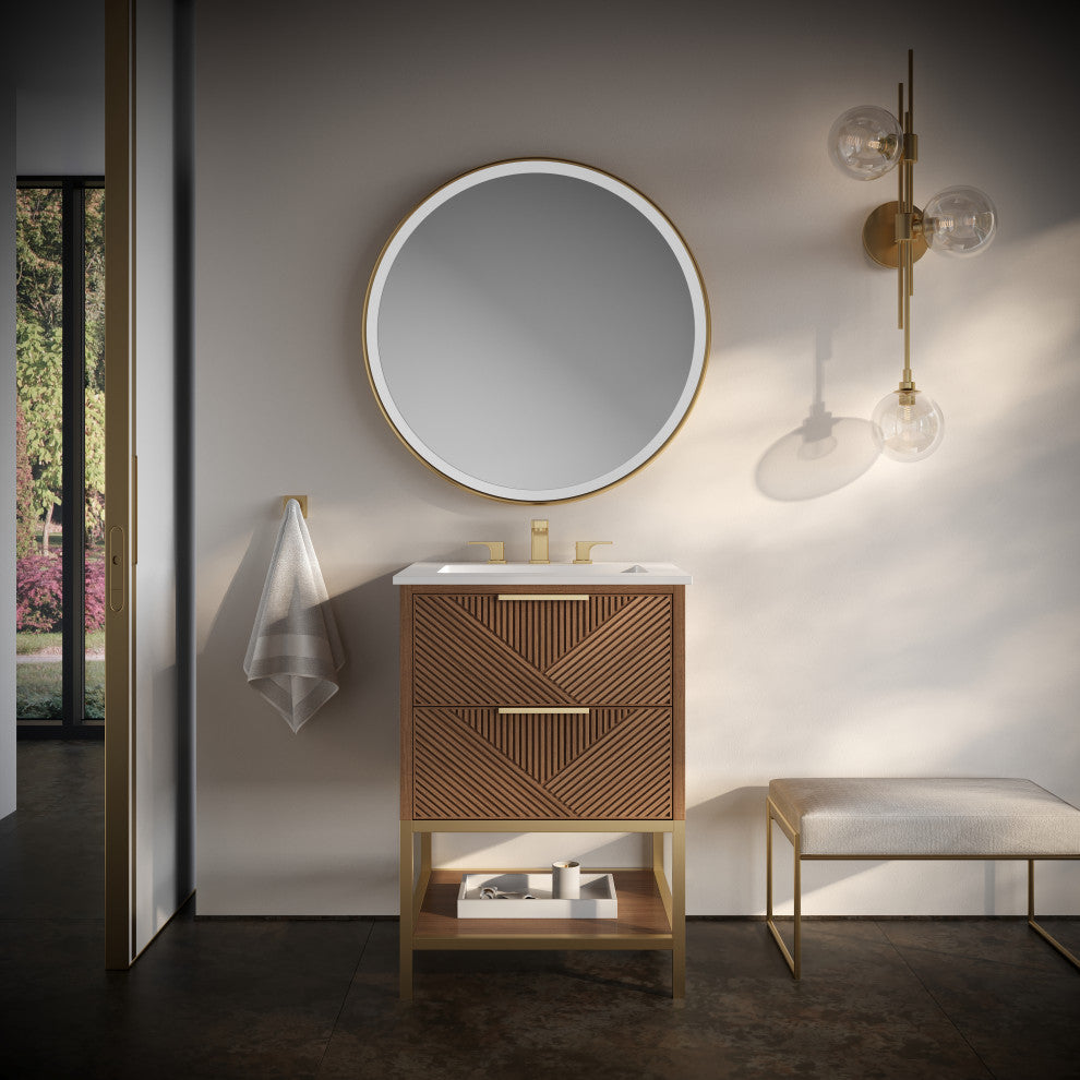Diamond 24" Bath Vanity, Walnut/Satin Brass, 24", White Quartz Top