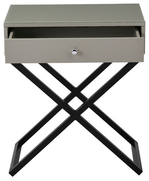 Koda Wooden Side Table Nightstand, Glass Top, Drawer & Metal Base, Taupe