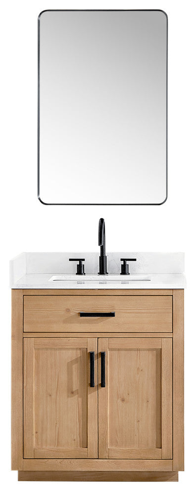Gavino Vanity With Grain White Composite Stone Top, Light Brown/Matte Black, 30", With Mirror
